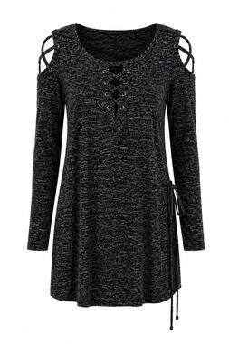 Hippie Chick Womens Medium Black Eyelet Lace Up Shirt Dress Whimsy Goth Boho